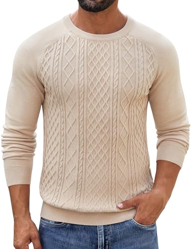COOFANDY Pullover Herren Strick Langarmshirt Winter Warm Zopfmuster Rundhalsausschnitt Herrenpullover Business Casual Pulli Khaki XXL von COOFANDY