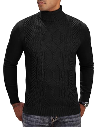 COOFANDY Pullover Herren Strick Rollkragenpullover Slim Fit Winterpullover Männer Warm Zopfmuster Feinstrickpullover mit Kragen Schwarz M von COOFANDY