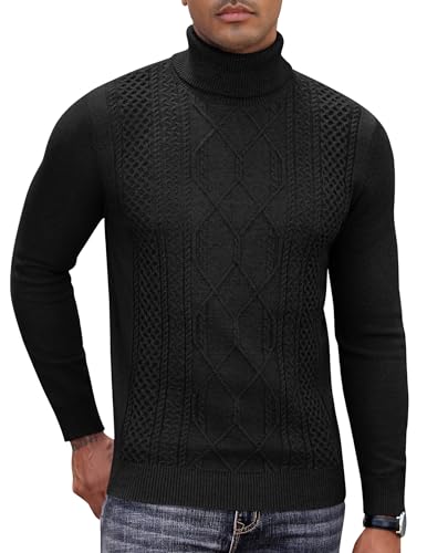 COOFANDY Pullover Herren Strick Rollkragenpullover Slim Fit Winterpullover Männer Warm Zopfmuster Feinstrickpullover mit Kragen Schwarz XXXL von COOFANDY