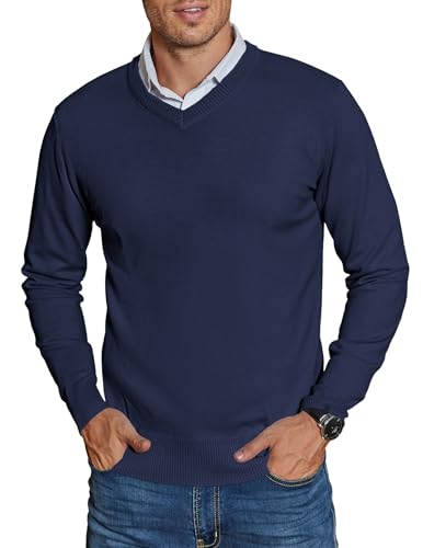 COOFANDY Pullover Herren Strickpullover Langarm Herrenpullover Solid Männer Pullover Strick Pulli V Neck Sweater Arbeitspullover Navy Blau L COOFANDY Pullover Herren Strickpullover Langarm Herrenpullover Solid Männer Pullover Strick Pulli V Neck Sweater Arbeitspullover Navy Blau L von COOFANDY