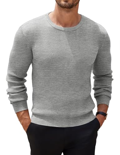 COOFANDY Pullover Herren Strickpullover Langarm Rundausschnitt Feinstrick Pullover Sweater Dünne Langarmshirt Regular Fit Einfarbig Hellgrau 3XL von COOFANDY
