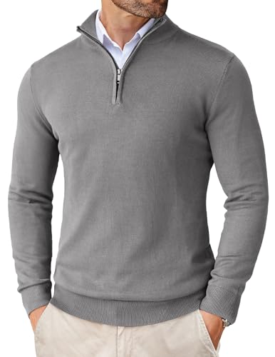 COOFANDY Pullover Herren Troyer Stehkragen Pullover Half Zip Rollkragenpullover mit Reißverschluss Winterpullover Slim Fit Pullis Strickpullover Hellgrau M von COOFANDY