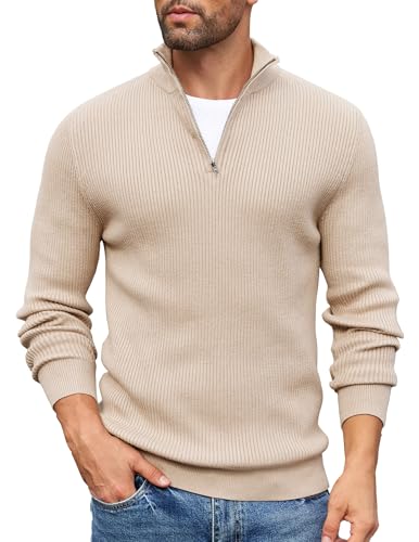 COOFANDY Pullover Herren Troyer Strickpullover Regular Fit Rollkragenpullover mit Reißverschluss 1/4 Zip Winterpullover Pulli Sweater Feinstrickpullover Hautfarbe XXL von COOFANDY