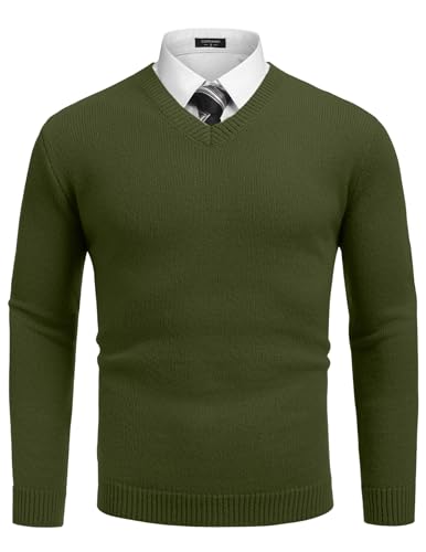 COOFANDY Herren Pullover V Ausschnitt Langarm Strickpullover Männer Winterpullover V Neck Pulli Business Sweatershirt Armeegrün XXL von COOFANDY