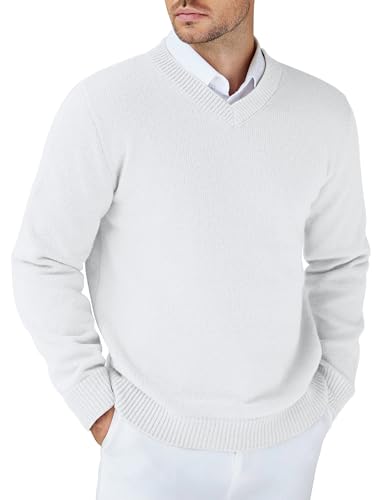COOFANDY Strickpullover Herren V Ausschnitt Regular Fit Freizeit Grobstrickpullover Basic Pullover Business Herren Weiß 3XL von COOFANDY