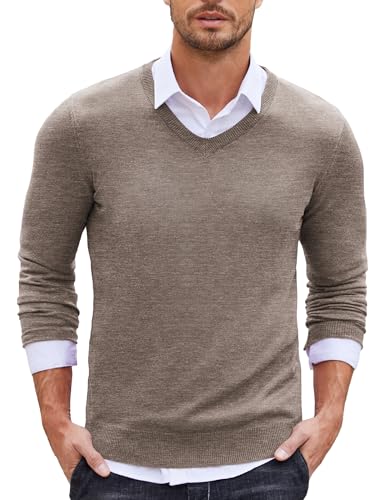 COOFANDY Pullover Herren V Ausschnitt Langarm Strickpullover Slim Fit Winterpullover Bussiness Sweater Beige M von COOFANDY