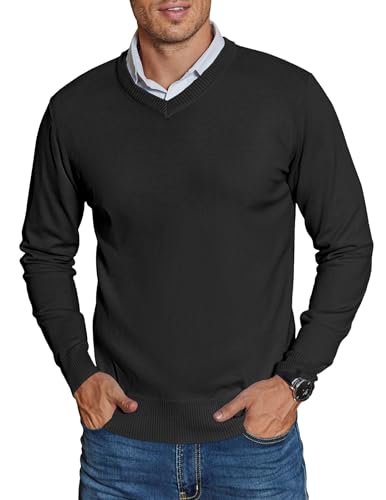 COOFANDY Pullover Herren V Ausschnitt Strickpullover Business Pullover Dünne Herrenpullover Langarm Winterpullover Regular Fit Sweatshirt Schwarz M von COOFANDY