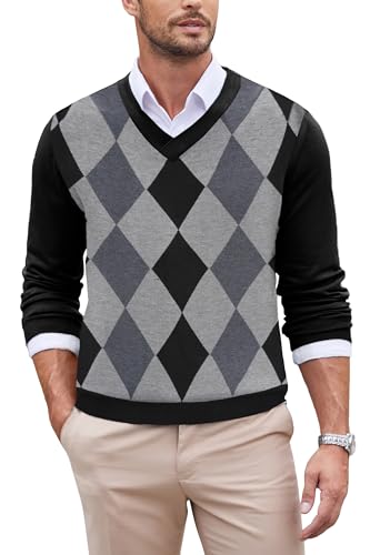 COOFANDY Pullover Herren V-Ausschnitt Strickpullover Pulli Langarm Herrenpullover Feinstrick Freizeitpullover Warmer Pullover Basic Strickpulli Schwarz/Grau Argyle XL von COOFANDY