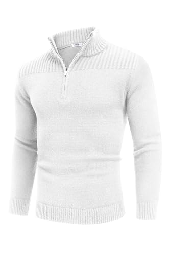COOFANDY Pullover Herren Viertel Zip Langarm Arbeitspullover mit Rollkragen Warm Turtleneck Winterpullover Basic Einfarbig Sweater Weiß XXL von COOFANDY