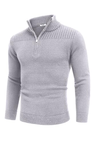 COOFANDY Pullover Herren Viertel Zip Langarm Strickpullover Business Basic Arbeitspullover mit Stehkragen Regular Fit Sweater Warm Pulli Hellgrau XXL von COOFANDY