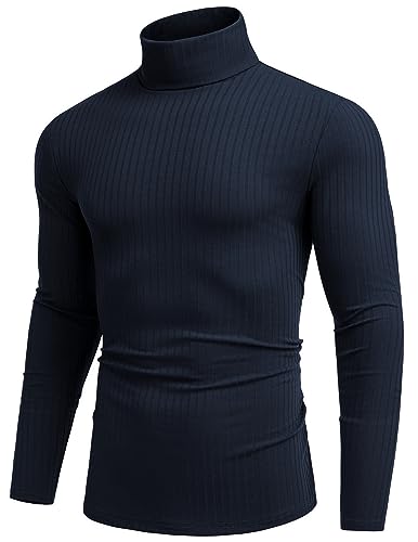 COOFANDY Pullover Herren Winter Rollkragen Langarmshirt Rollkragenshirt Herren Sweater Strickpullover Basic Pullover Männer Rollkragenpullover Dunkelblau L von COOFANDY