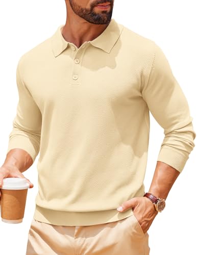 COOFANDY Pullover Herren Winter Thermo Strickpullover Business Pullover Slim Fit Poloshirt Langarm Kragenpullover Beige XL von COOFANDY