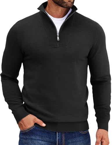 COOFANDY Pullover Herren mit Reißverschluss 1/4 Zip Strickpullover Troyer Half Zip Rollkragen Männer Langarm Pulli Schwarz L von COOFANDY