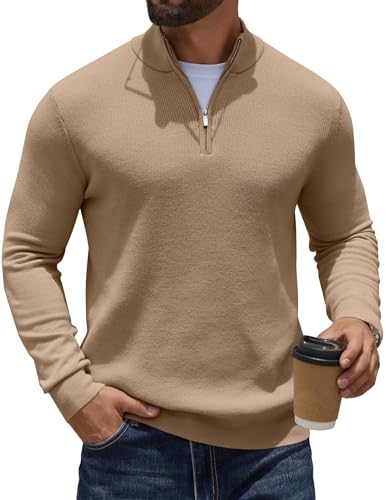COOFANDY Pullover Herren mit Reißverschluss Strickpullover Half Zip Rollkragenpullover Leichter Troyer Pullover Zipper Pulli Sweater Slim Fit Camel XL von COOFANDY