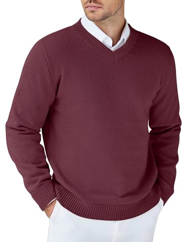 COOFANDY Pullover Herren mit V-Ausschnitt Strickpullover Winterpullover Business Grobstrickpullover Männe Strickpulli Weinrot M von COOFANDY