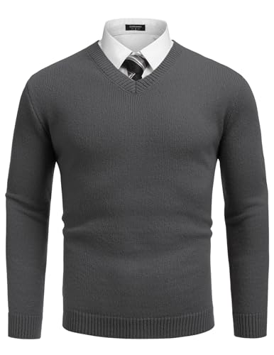 COOFANDY Herren Pullover V Ausschnitt Langarm Strickpullover Männer Winterpullover V Neck Pulli Business Sweatershirt Dunkelgrau M von COOFANDY