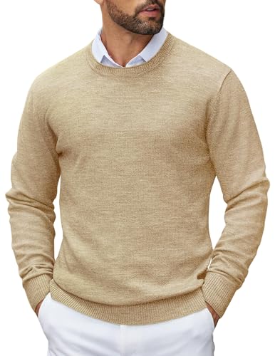 COOFANDY Pullover Herren Langarm Strickpullover Männer Business Pulli Winter Rundhals Langärmlig Sweater Normale Passform Rippblende Khaki L von COOFANDY