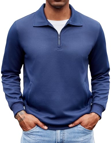 COOFANDY Pullover Männer Slim Fit mit Reißverschluss Warm Basic Freizeit Poloshirt Blau Violett XXL von COOFANDY