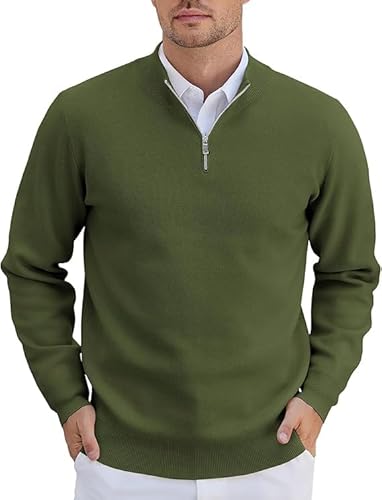 COOFANDY Pullover für Herren Half Zip Pullover Rollkragenpullover Strickpullover mit Reissverschluss Troyer Business Pulli Winterpullover Langarm Rollkragen Pulli Arbeitspullover Armee Grün M von COOFANDY