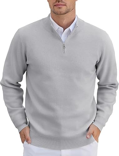 COOFANDY Pullover für Herren Half Zip Pullover Rollkragenpullover Strickpullover mit Reissverschluss Troyer Business Pulli Winterpullover Langarm Rollkragen Pulli Arbeitspullover Hellgrau M von COOFANDY