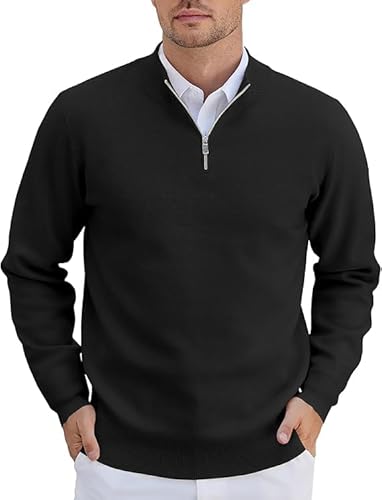COOFANDY Pullover für Herren Half Zip Pullover Rollkragenpullover Strickpullover mit Reissverschluss Troyer Business Pulli Winterpullover Langarm Rollkragen Pulli Arbeitspullover Schwarz L von COOFANDY