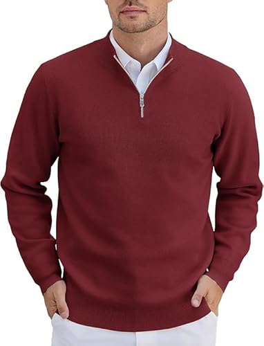 COOFANDY Pullover für Herren Half Zip Pullover Rollkragenpullover Strickpullover mit Reissverschluss Troyer Business Pulli Winterpullover Langarm Rollkragen Pulli Arbeitspullover Weinrot L von COOFANDY