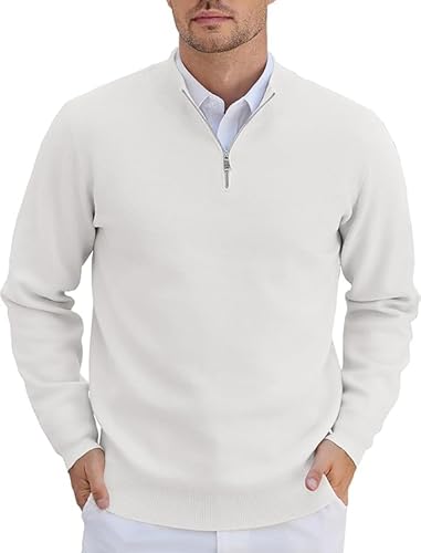 COOFANDY Pullover für Herren Half Zip Pullover Rollkragenpullover Strickpullover mit Reissverschluss Troyer Business Pulli Winterpullover Langarm Rollkragen Pulli Arbeitspullover Weiß XL von COOFANDY