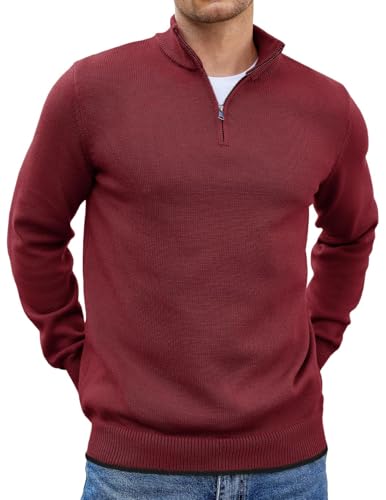 COOFANDY Pullover für Herren Half Zip Pullover Troyer Rollkragenpullover Regular Fit Strickpullover Warm Winterpullover Arbeitspullover mit Stehkragen Dunkelrot S von COOFANDY