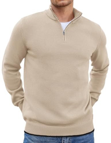 COOFANDY Pullover für Herren Half Zip Pullover Troyer Rollkragenpullover Regular Fit Strickpullover Warm Winterpullover Arbeitspullover mit Stehkragen Helles Khaki L von COOFANDY