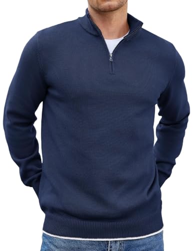 COOFANDY Pullover für Herren Half Zip Pullover Troyer Rollkragenpullover Regular Fit Strickpullover Warm Winterpullover Arbeitspullover mit Stehkragen Marineblau M von COOFANDY