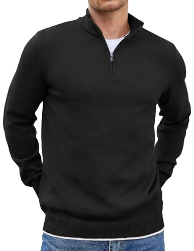 COOFANDY Pullover für Herren Half Zip Pullover Troyer Rollkragenpullover Regular Fit Strickpullover Warm Winterpullover Arbeitspullover mit Stehkragen Schwarz XL von COOFANDY