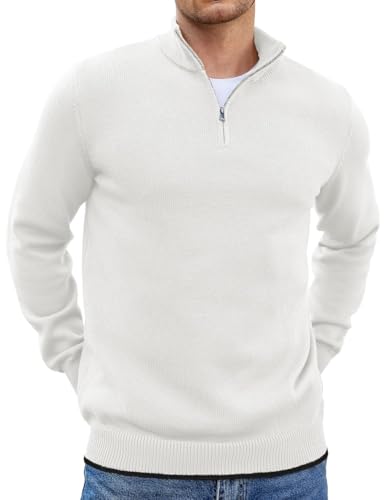 COOFANDY Pullover für Herren Half Zip Pullover Troyer Rollkragenpullover Regular Fit Strickpullover Warm Winterpullover Arbeitspullover mit Stehkragen Weiß M von COOFANDY