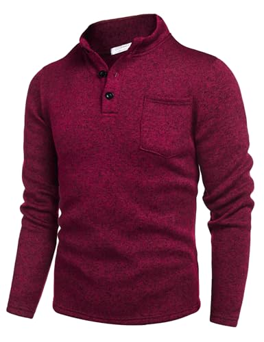 COOFANDY Pullover Herren Henley Kragen Pullover Winter Casual Slim Fit Langarmshirt mit Tasche Rot XXL von COOFANDY