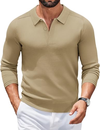COOFANDY Pullover für Herren Polo Pullover Strickpullover mit Polokragen Strick Poloshirt Herren Winterpullover Business Sweater Strick Polohemd Herrenpullover Langarm Pulli Dunkles Khaki 3XL von COOFANDY