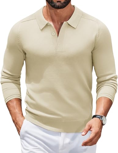 COOFANDY Pullover für Herren Polo Pullover Strickpullover mit Polokragen Strick Poloshirt Langarm Polo Pulli Business Sweater Winterpullover Herrenpullover mit Knopfleiste Creme Farben 3XL von COOFANDY