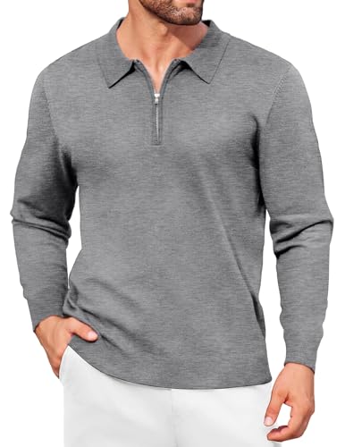 COOFANDY Pullover für Herren Polokragen Half Zip Sweater Langarm Modern Basic Winter Feinstrickpullover Grau M von COOFANDY