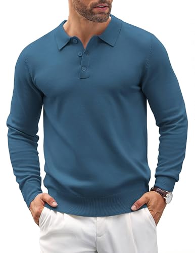 COOFANDY Pullover für Herren Poloshirt Langarm Polo Strickpullover Feinstrick Pullover Business Dünner Herrenpullover Langarm Pulli mit Knopf Sweatshirts Jeansblau 3XL von COOFANDY
