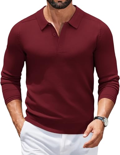 COOFANDY Herren Pullover mit Polokragen Strickpullover Strick Poloshirt Langarm Polohemd Business Pullover Winterpullover Pulli mit Hemdkragen Herrenpullover Langarm Sweater Weinrot M von COOFANDY