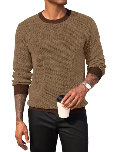 COOFANDY Herren Rundhals Pullover Strickpullover mit Rundhals Basic Winterpullover Herrenpullover Langarm Pullover Männer Pulli Brown M von COOFANDY