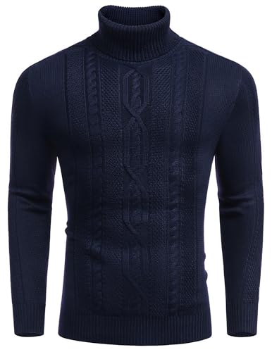 COOFANDY Pullover für Herren Strick Zopfmuster Rollkragenpullover Business Langarm Strickpullover Winter Warm Navy Blau L von COOFANDY