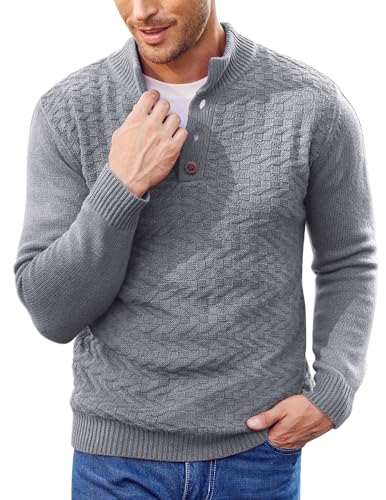 COOFANDY Pullover für Herren Strickpullover Rollkragenpullover Winterpullover mit Knopfleiste Stehkragen Pullover Dicker Pullover v Ausschnitt Herrenpullover Pulli Grau M von COOFANDY