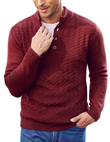 COOFANDY Pullover für Herren Strickpullover Rollkragenpullover Winterpullover mit Knopfleiste Stehkragen Pullover Dicker Pullover v Ausschnitt Herrenpullover Pulli Weinrot XL von COOFANDY