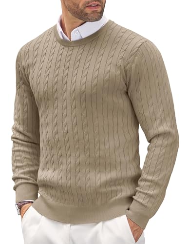 COOFANDY Pullover für Herren Zopfmuster Pullover mit Rundhals Kragen Slim fit Langarm Winterpullover Kamel XXL von COOFANDY