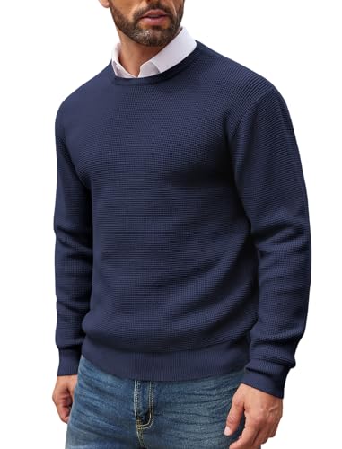 COOFANDY Pullover für Herren mit Rundhals Strickpullover Langarm Modern Winter Waffel Strick Winterpullover Navy blau XXL von COOFANDY