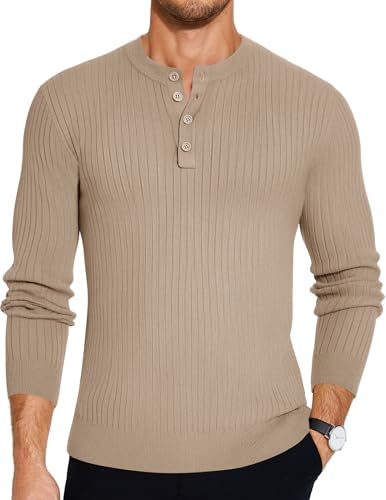 COOFANDY Leichter Pullover mit Knopfleiste Herren Langarmshirts Henley Strickpullover Leichter Business Sweater Khaki M von COOFANDY