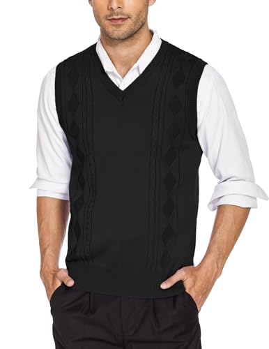 COOFANDY Pullunder Herren Strichweste V-Ausschnit Business Pullunder Gentelman Vest Ärmelloser Pullover Argyle Pullover Weste Schwarz XXL von COOFANDY