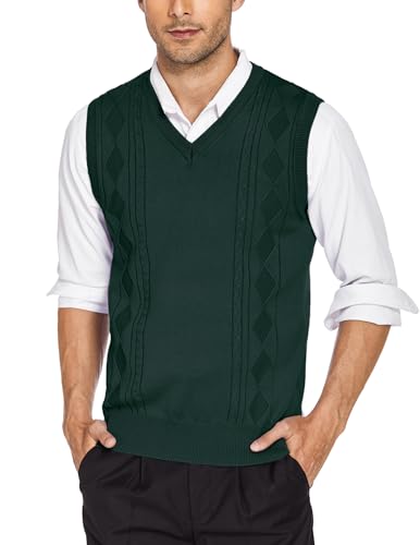 COOFANDY Pullunder Herren V-Ausschnitt Pullover Weste Strickweste Regular Fit Winterpullunder Einfarbig Strick Weste Argyle Pullunder Dunkelgruen M von COOFANDY
