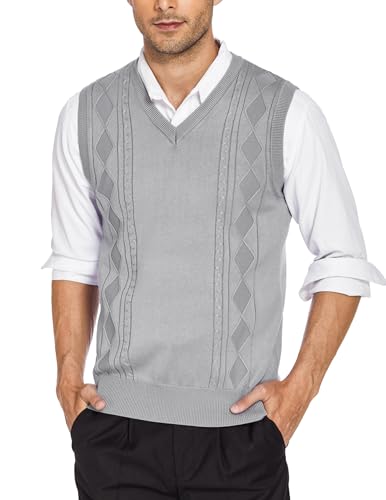 COOFANDY Pullunder Herren V-Neck Ärmellos Pullover Casual Strickweste Einfarbig Pullover Weste für Männer Geschnittener Pullunder mit Argyle Grau L von COOFANDY