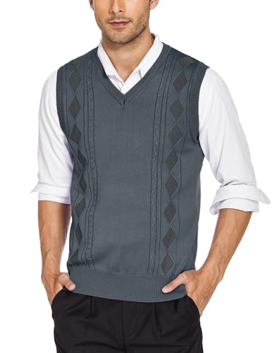 COOFANDY Pullunder Herren mit V-Ausschnitt Ärmelloser Pullover Gestrickt Pullover Vest Geschnittener Pullunder Strickweste Dunkelgrau L von COOFANDY