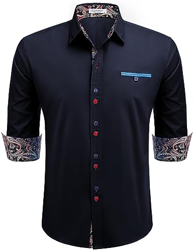 COOFANDY Regular Fit Hemd Langarm Kontrastmanschette Baumwolle Business Casual Hemden für Herren Dunkelblau XL von COOFANDY